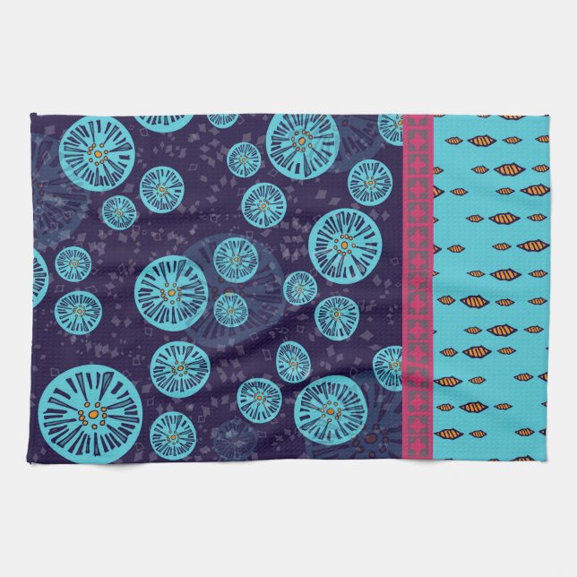 Moroccan Moonflower design tea towel blue (Horizontal)