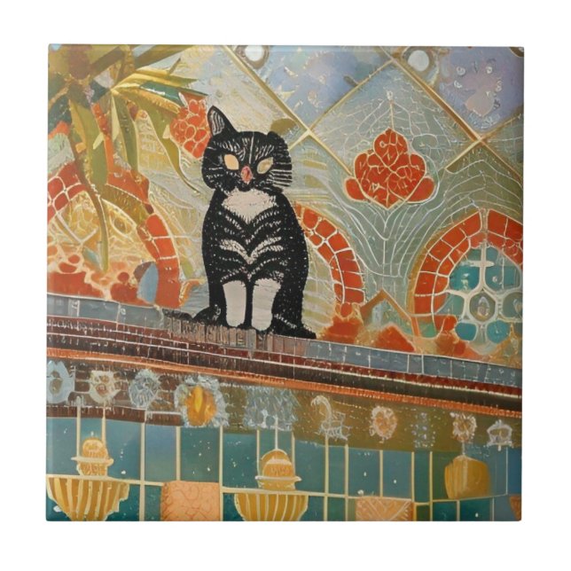 Moroccan mosaic cat in abstract tile (Front)