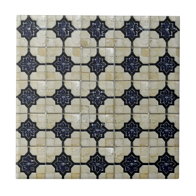 Moroccan mosaic geometric cream navy blue  tile (Front)