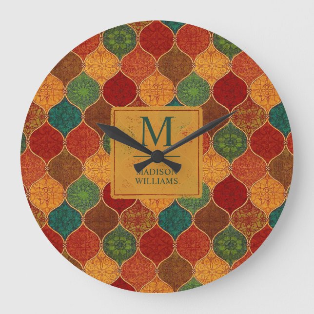 Moroccan Mosaic Geometric Seamless Aztec Pattern Large Clock (Front)