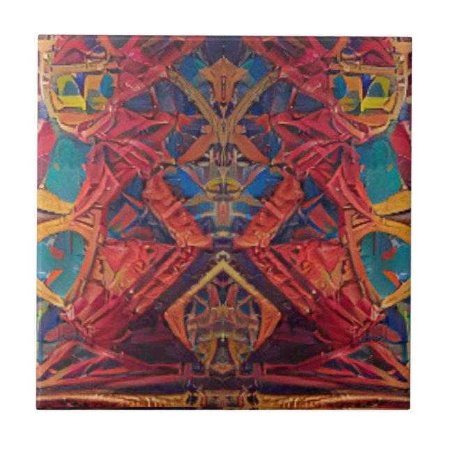 Moroccan mosaic red gold turquoise blue geometric tile (Front)
