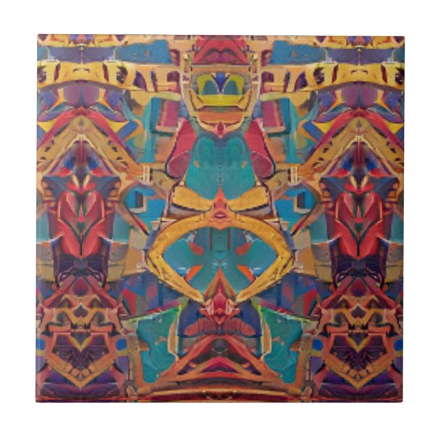 Moroccan mosaic red gold turquoise blue geometric tile (Front)