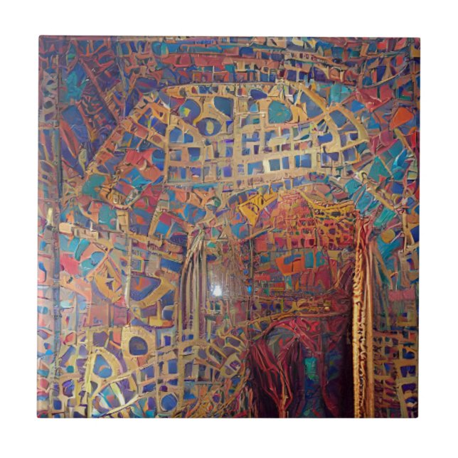 Moroccan mosaic red gold turquoise geometric art tile (Front)