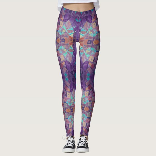 Moroccan mosaic red purple turquoise geometric art leggings (Front)
