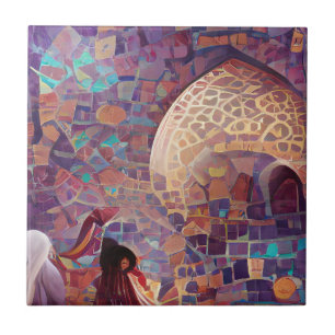 Moroccan mosaic red purple turquoise geometric art tile
