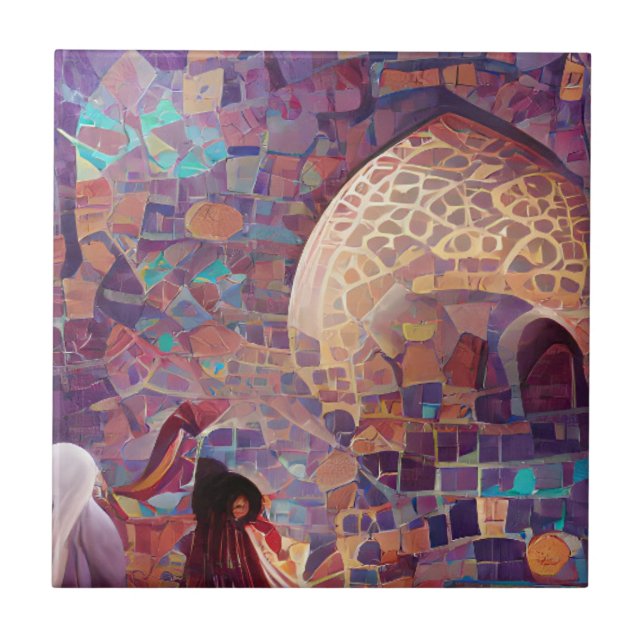 Moroccan mosaic red purple turquoise geometric art tile (Front)