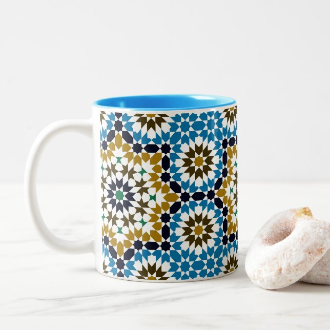 Moroccan Mosaic Traditional Geometric Boho Pattern Two-Tone Coffee Mug (With Donut)