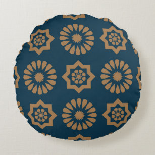 Moroccan Mosque Pattern In Gold And Blue Round Pillow