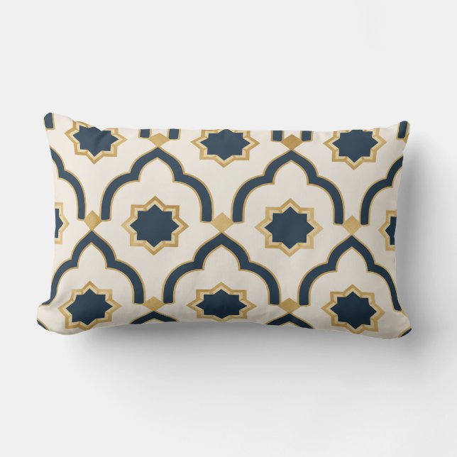 Moroccan mug, navy blue gold, geometric pattern, i lumbar pillow (Front)