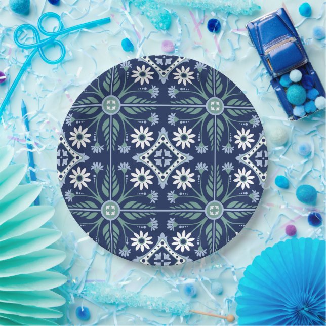 Moroccan ornamental floral boho geometric tile paper plate (Party)