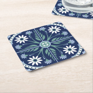 Moroccan ornamental floral boho geometric tile  square paper coaster