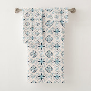 Moroccan ornaments blue cream ethnic stylish East  Bath Towel Set