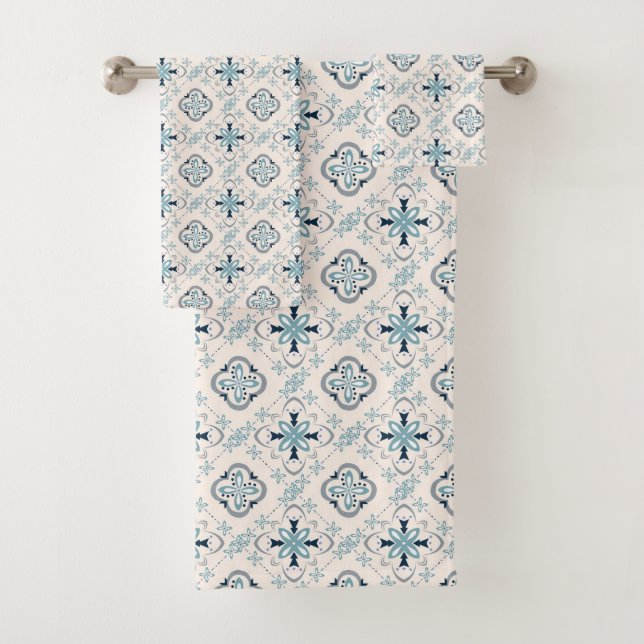 Moroccan ornaments blue cream ethnic stylish East  Bath Towel Set (Insitu)