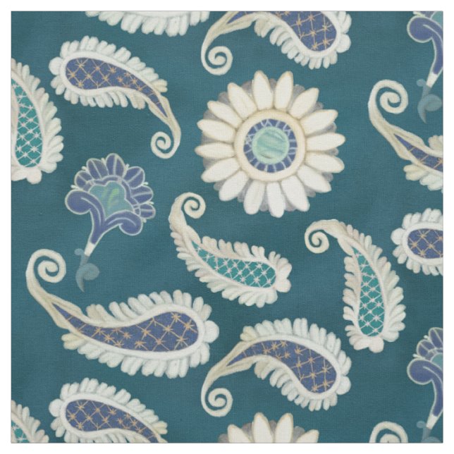 Moroccan Paisley Floral Art Pattern Peacock Blue Fabric (Swatch)