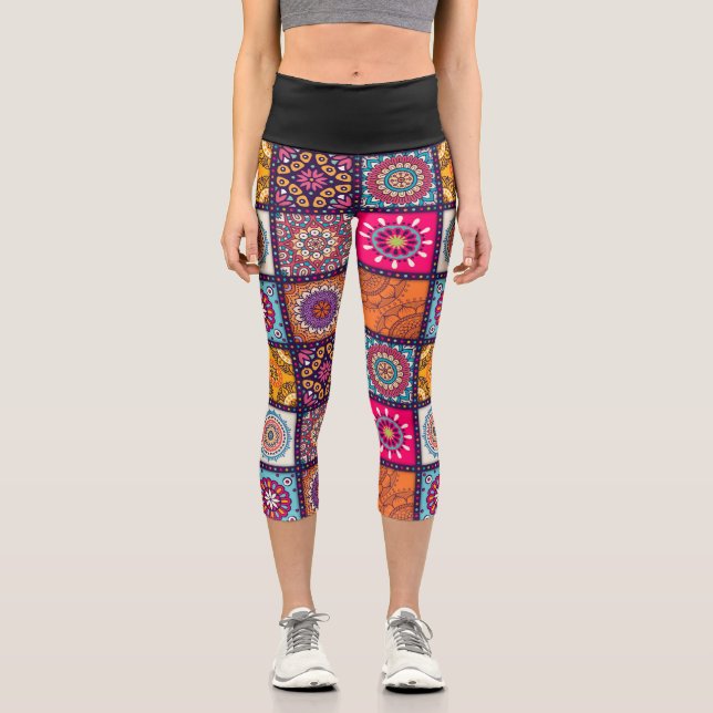 Moroccan pattern colourful funky art capri leggings (Front)
