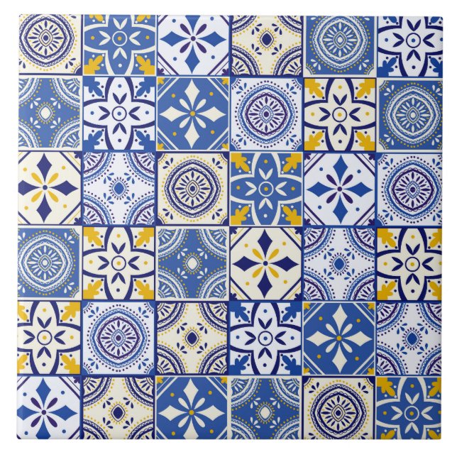 Moroccan Pattern in Blue Yellow Cream Teal White Tile (Front)