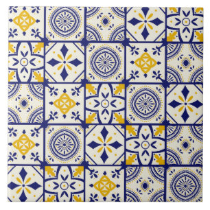 Moroccan Pattern in Blue, Yellow, Cream Tile