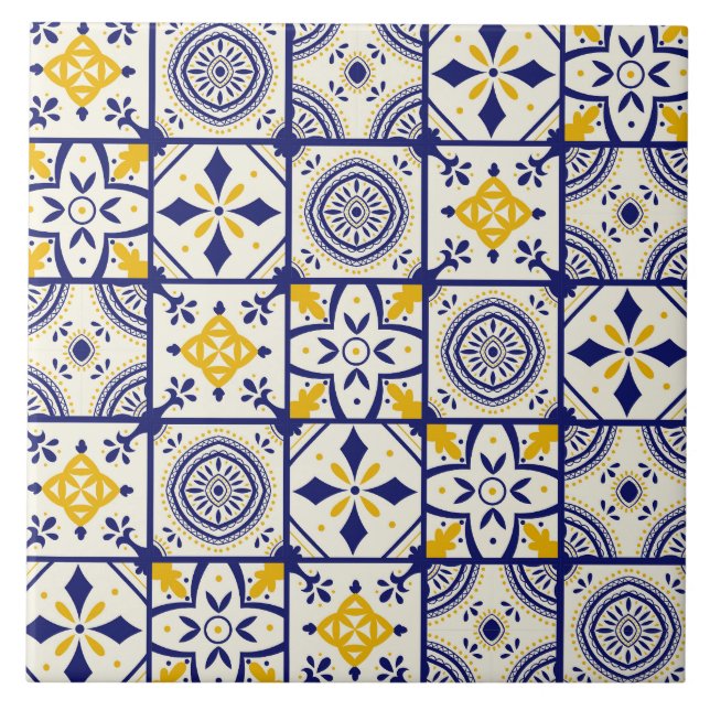 Moroccan Pattern in Blue, Yellow, Cream Tile (Front)