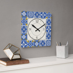 Moroccan Pattern in Teal Blue, Yellow, Cream Square Wall Clock