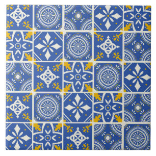 Moroccan Pattern in Teal Blue, Yellow, Cream Tile