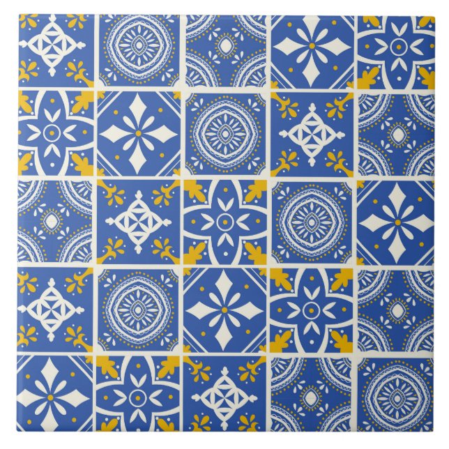 Moroccan Pattern in Teal Blue, Yellow, Cream Tile (Front)