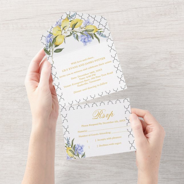 Moroccan Pattern Mediterranean Lemon Wedding  All In One Invitation (Tearaway)