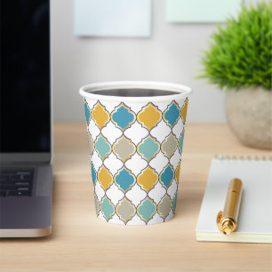 Moroccan Pattern Yellow Blue Golden Wedding Paper Cups
