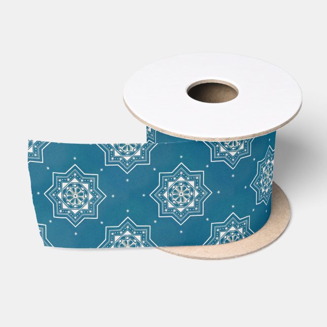 Moroccan Portuguese Blue Azulejos Tile Pattern Satin Ribbon (Spool)