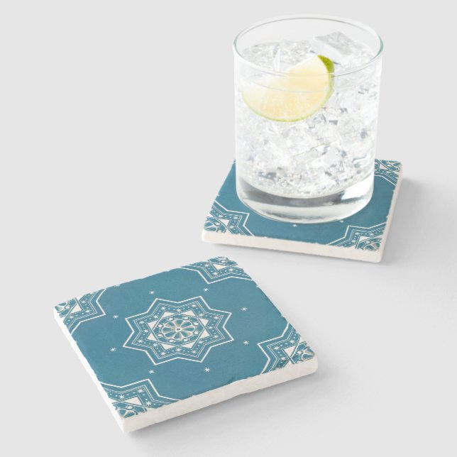 Moroccan Portuguese Blue Azulejos Tile Pattern Stone Coaster (Side)