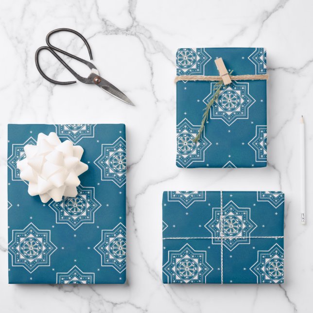 Moroccan Portuguese Blue Azulejos Tile Pattern Wrapping Paper Sheet (Front)