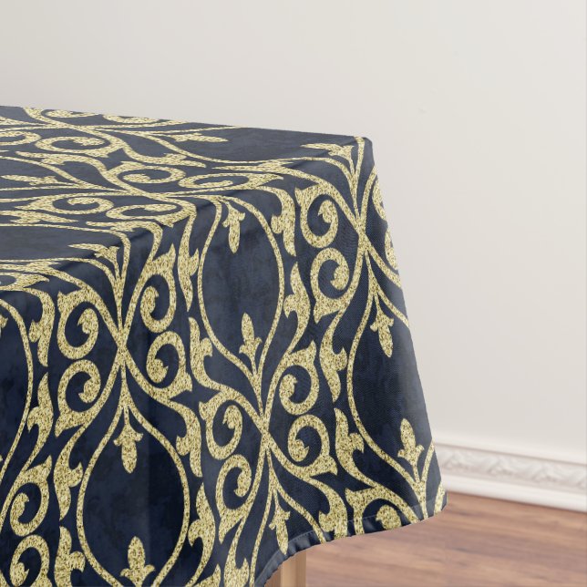 Moroccan Print flourish navy blue gold Tablecloth (In Situ)