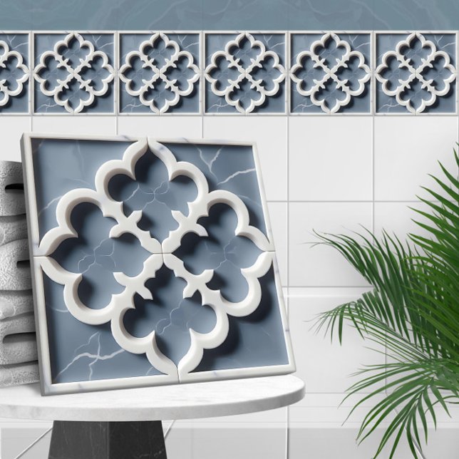 Moroccan Quatrefoil Blue and White Marble Tile (Creator Uploaded)