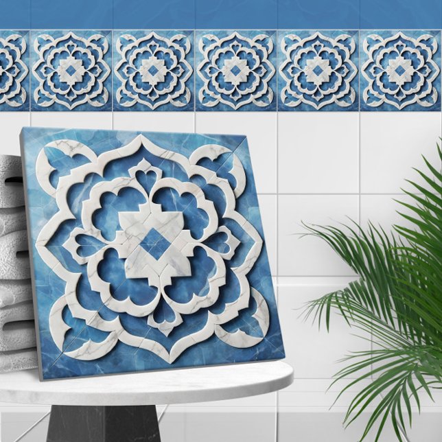 Moroccan Quatrefoil Blue and White Marble Tile (Creator Uploaded)