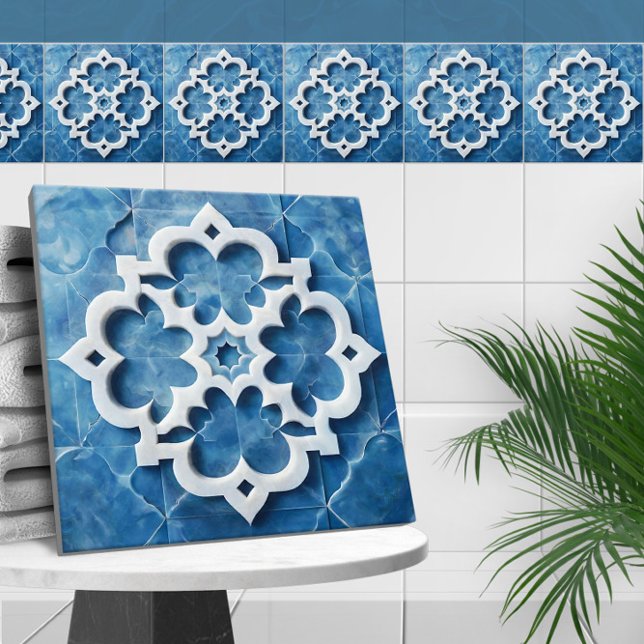 Moroccan Quatrefoil Blue and White Marble Tile (Creator Uploaded)