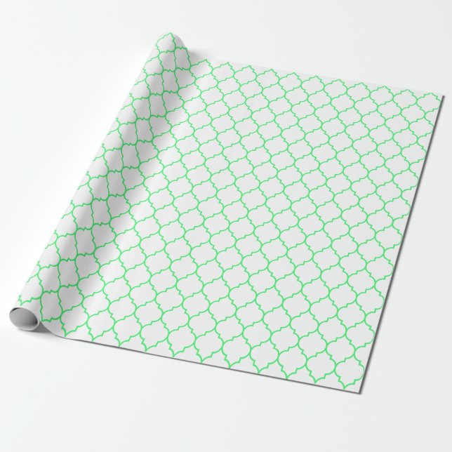 Moroccan Quatrefoil Light Green on White Wrapping Paper (Unrolled)