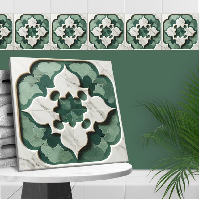 Moroccan Quatrefoil Muted Green and White Marble Tile (Creator Uploaded)
