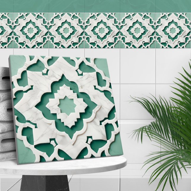 Moroccan Quatrefoil Muted Green and White Marble Tile (Creator Uploaded)