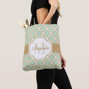 Moroccan Quatrefoil Pattern Gold Mint Monogram Tote Bag