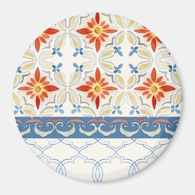 Moroccan Quatrefoil Tile Floral Pattern Watercolor Magnet (Front)