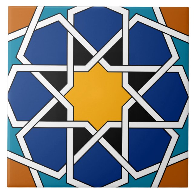 Moroccan Spanish Geometric Pattern Blue Brown Tile (Front)
