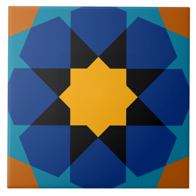 Moroccan Spanish Geometric Star Pattern Blue Brown Tile (Front)