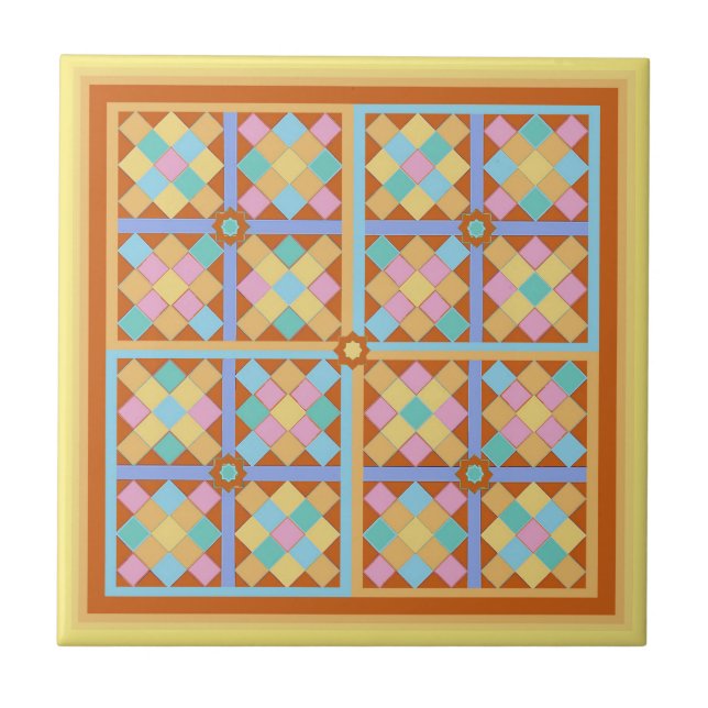 Moroccan style geometric square on light yellow tile (Front)
