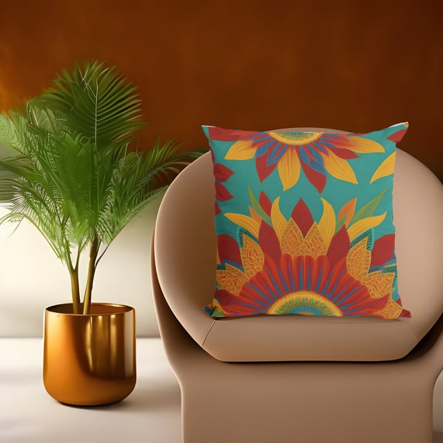 Moroccan style gold red orange teal blue florals throw pillow (Creator Uploaded)