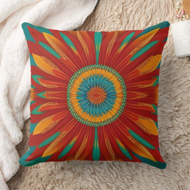 Moroccan style gold red orange teal blue flower throw pillow (Blanket)