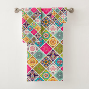 Moroccan style pink and blue pattern modern bath towel set