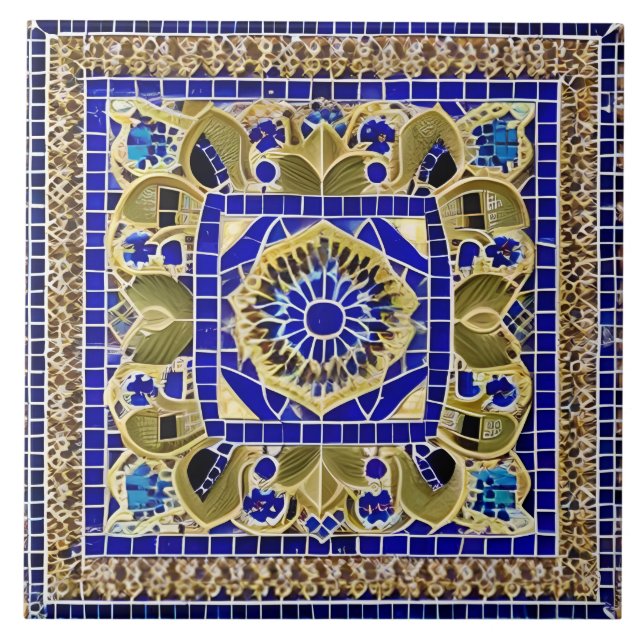 Moroccan Style Simulated Mosaic Blue and Gold Tile (Front)