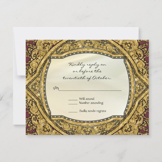 Moroccan Swirl Scroll Gold Glitter Elegant Wedding RSVP Card (Front)