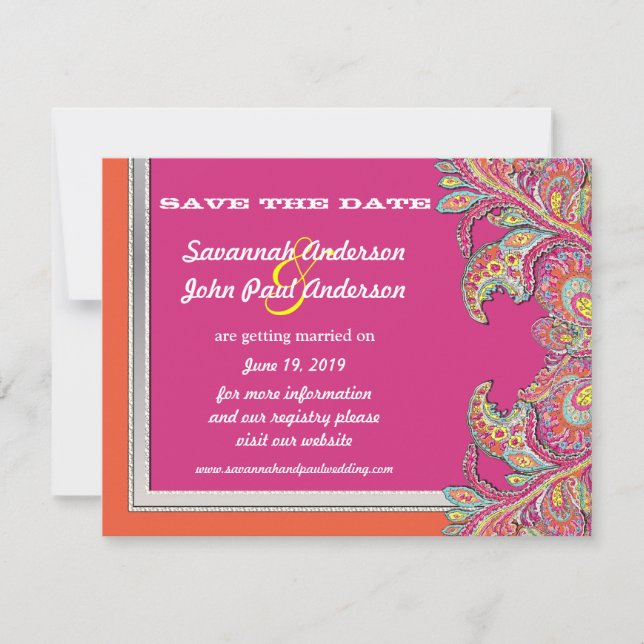 Moroccan Tangerine & Fuchsia Wedding Save the Date Invitation (Front)
