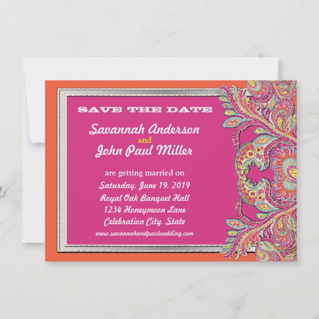 Moroccan Tangerine & Fuchsia Wedding Save the Date Invitation (Front)