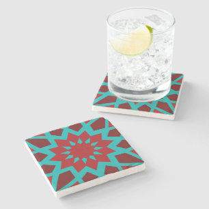 Moroccan Teal And Red Pattern Stone Coaster